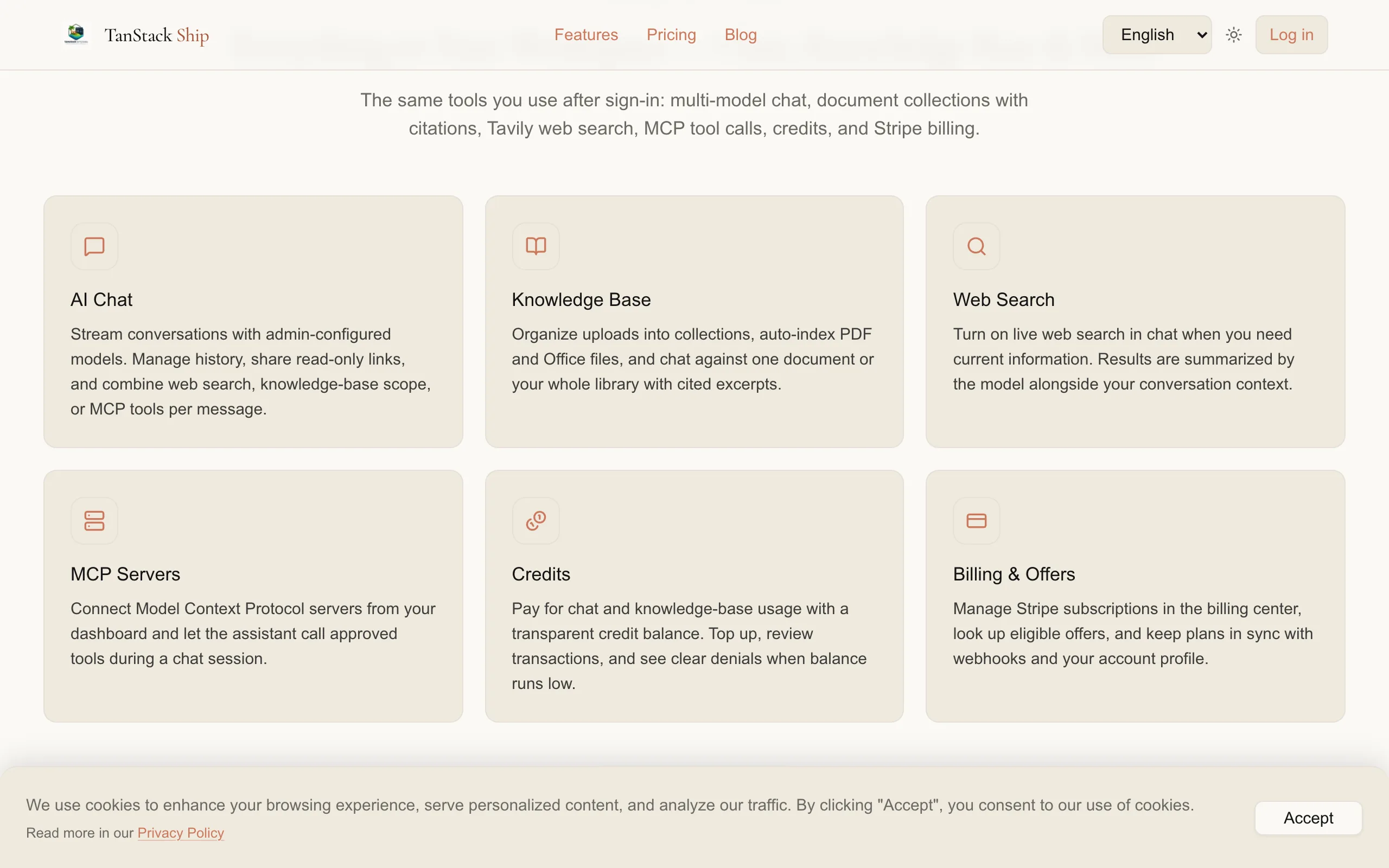 AI Workspace features section with chat, knowledge base, and MCP