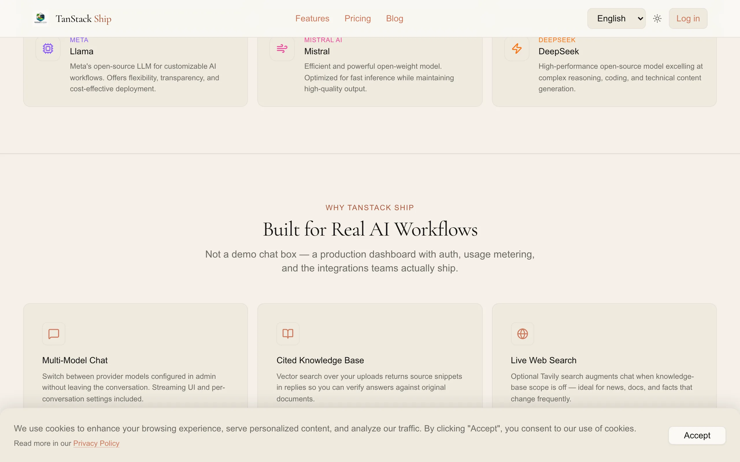 AI model integrations and social proof sections